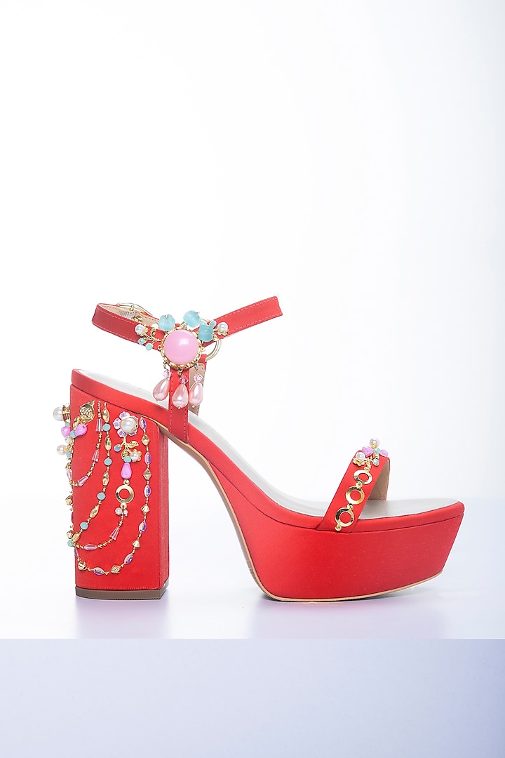 Red Artificial Satin Swarovski Pearl Embellished Platform Block Heels by Papa Don't Preach by Shubhika Footwear