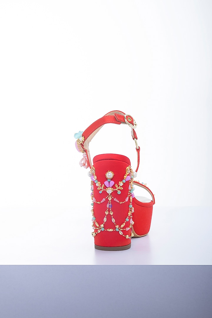 Red Artificial Satin Swarovski Pearl Embellished Platform Block Heels by Papa Don't Preach by Shubhika Footwear at Pernia's Pop Up Shop