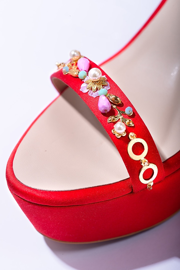 Red Artificial Satin Swarovski Pearl Embellished Platform Block Heels by Papa Don't Preach by Shubhika Footwear at Pernia's Pop Up Shop
