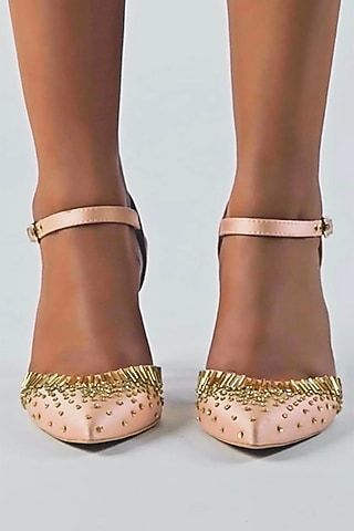 Light Rose Gold Artificial Satin Hand Embroidered Stilettos by Papa Don't Preach by Shubhika Footwear