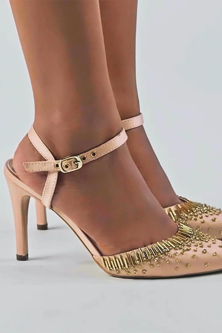 Light Rose Gold Artificial Satin Hand Embroidered Stilettos by Papa Don't Preach by Shubhika Footwear at Pernia's Pop Up Shop