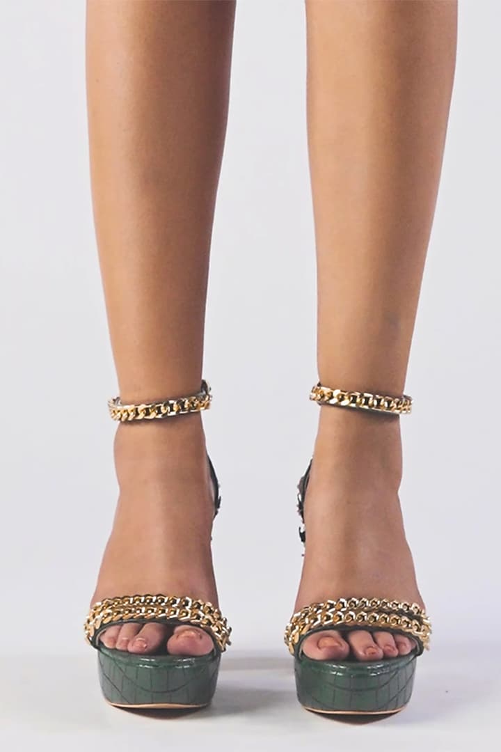 Bottle Green Faux Leather Block Heels by Papa Don't Preach by Shubhika Footwear at Pernia's Pop Up Shop