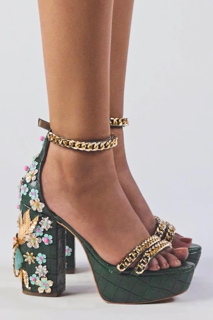 Bottle Green Faux Leather Block Heels by Papa Don't Preach by Shubhika Footwear at Pernia's Pop Up Shop