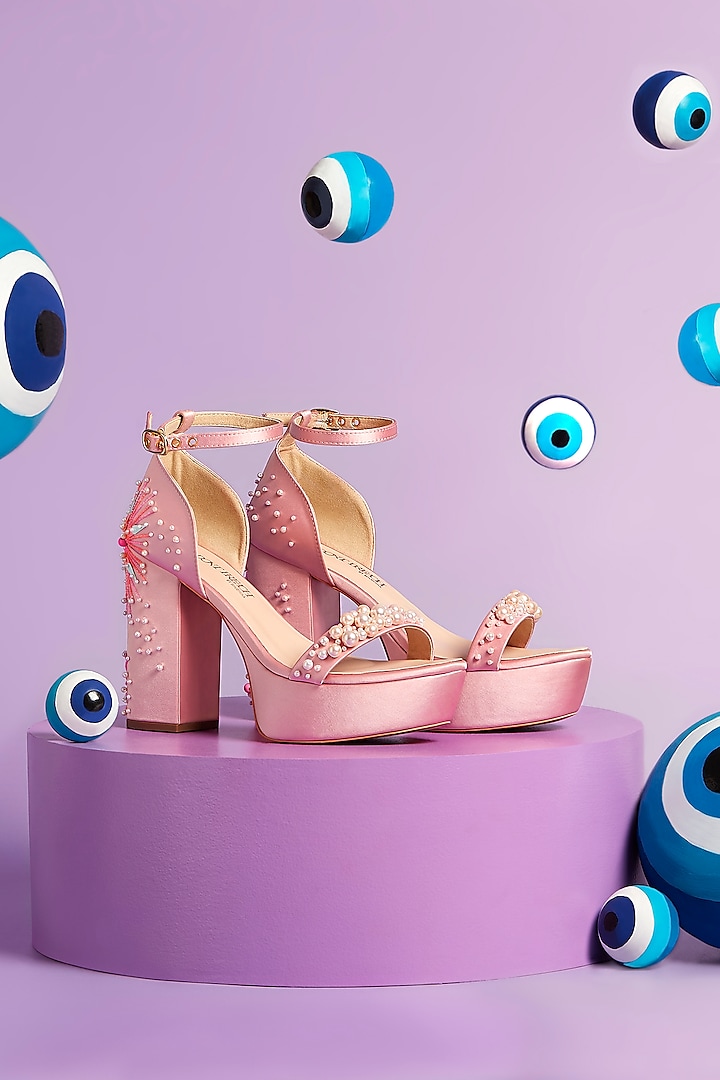 Blush Pink Artificial Satin Glass Bead Hand Embellished Platform Block Heels by Papa Don't Preach by Shubhika Footwear at Pernia's Pop Up Shop