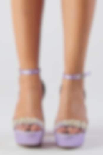 Lilac Artificial Satin Glass Bead Hand Embellished Platform Block Heels by Papa Don't Preach by Shubhika Footwear at Pernia's Pop Up Shop