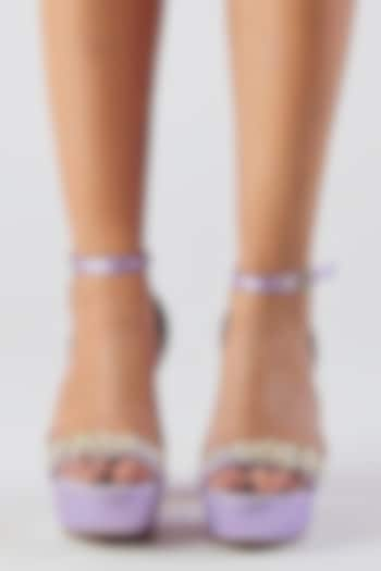 Lilac Artificial Satin Glass Bead Hand Embellished Platform Block Heels by Papa Don't Preach by Shubhika Footwear