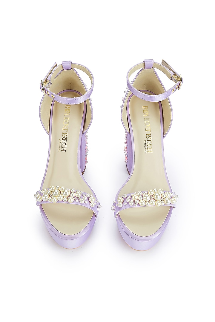 Lilac Artificial Satin Glass Bead Hand Embellished Platform Block Heels by Papa Don't Preach by Shubhika Footwear at Pernia's Pop Up Shop