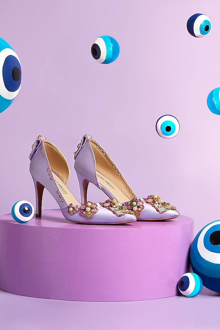 Lilac Artificial Satin Glass Bead Embellished Pumps by Papa Don't Preach by Shubhika Footwear at Pernia's Pop Up Shop