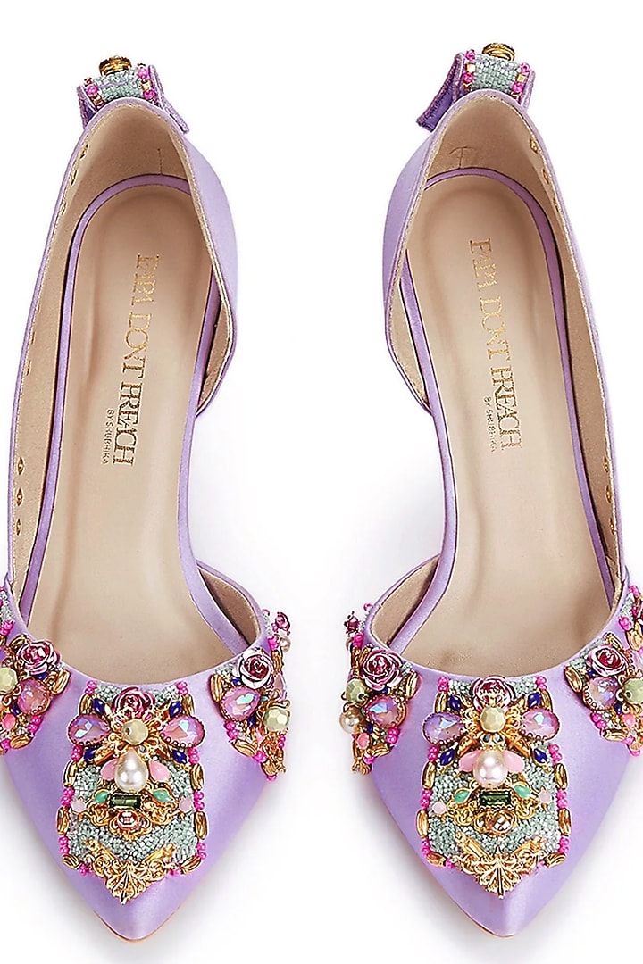 Lilac Artificial Satin Glass Bead Embellished Pumps by Papa Don't Preach by Shubhika Footwear at Pernia's Pop Up Shop