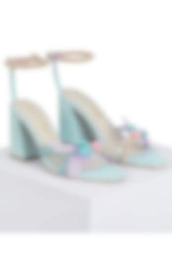 Mint & Lilac Vegan Leather Hand Embroidered Feathered Block Heels by Papa Don't Preach by Shubhika Footwear