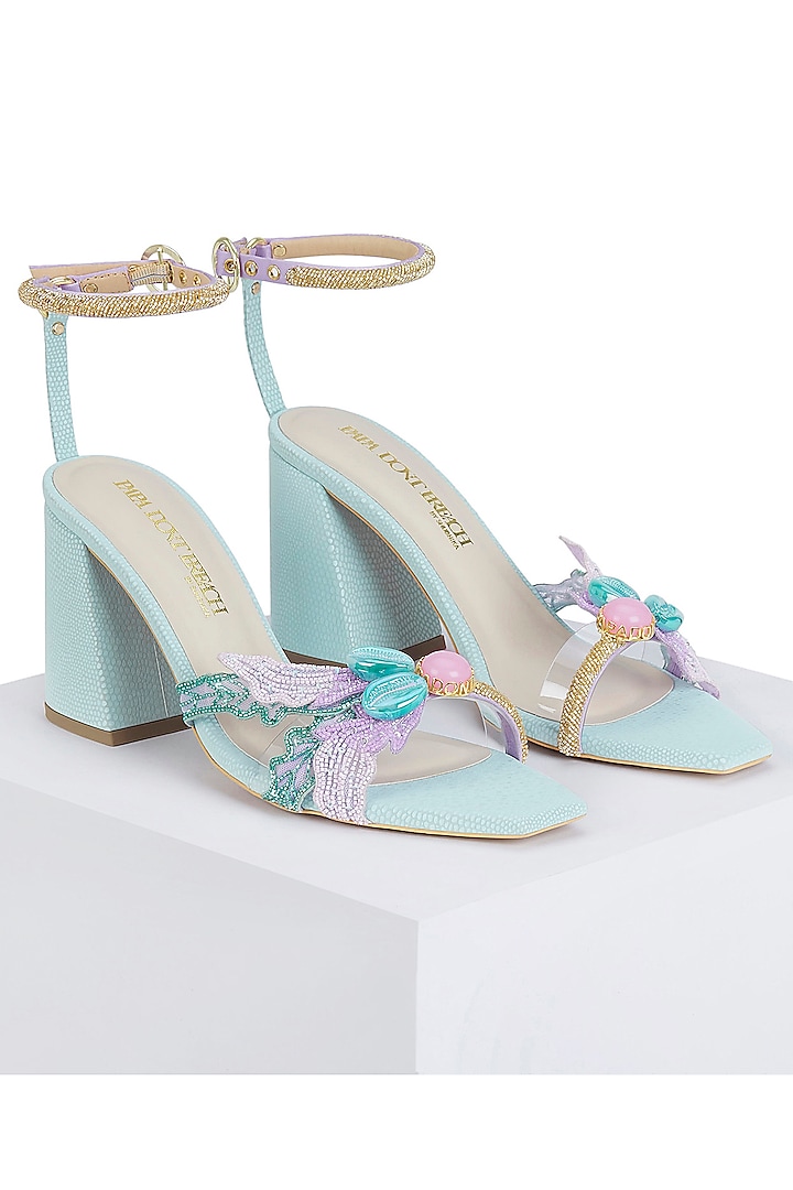 Mint & Lilac Vegan Leather Hand Embroidered Feathered Block Heels by Papa Don't Preach by Shubhika Footwear at Pernia's Pop Up Shop