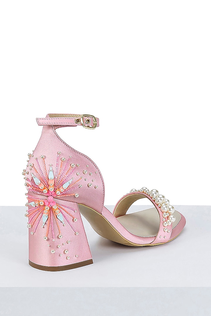 Blush Pink Satin Hand Embroidered Block Heels by Papa Don't Preach by Shubhika Footwear at Pernia's Pop Up Shop