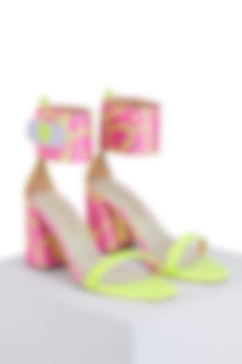 Pink Satin & PU Hand Embroidered Block Heels by Papa Don't Preach by Shubhika Footwear