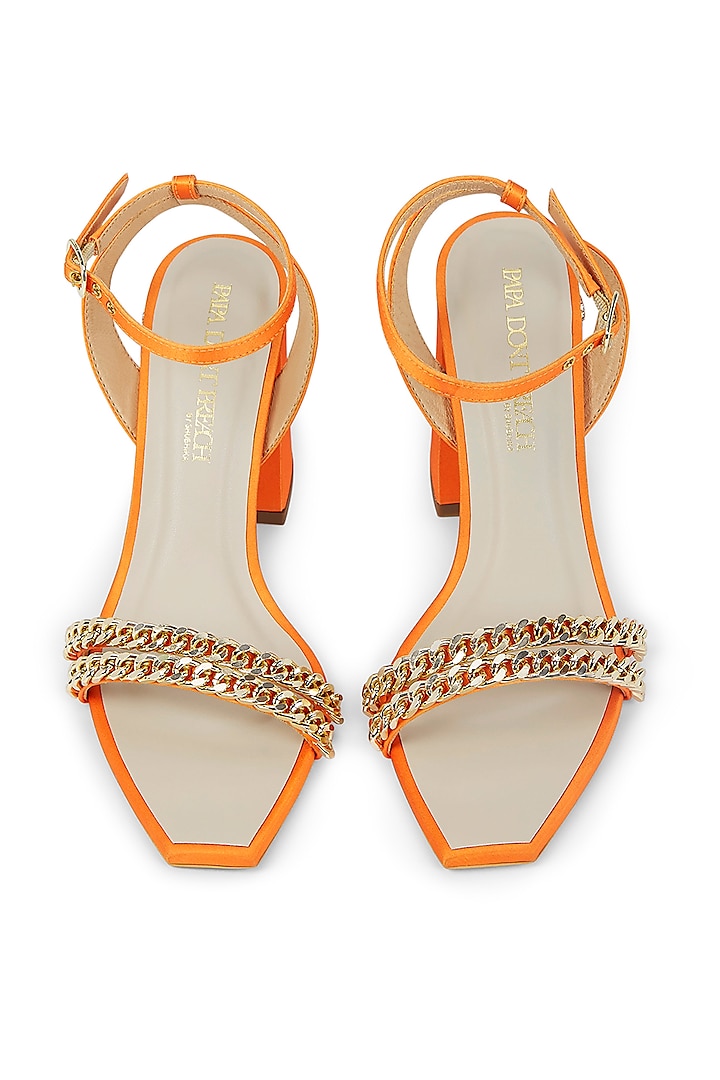 Orange Satin Embellished Block Heels by Papa Don't Preach by Shubhika Footwear at Pernia's Pop Up Shop