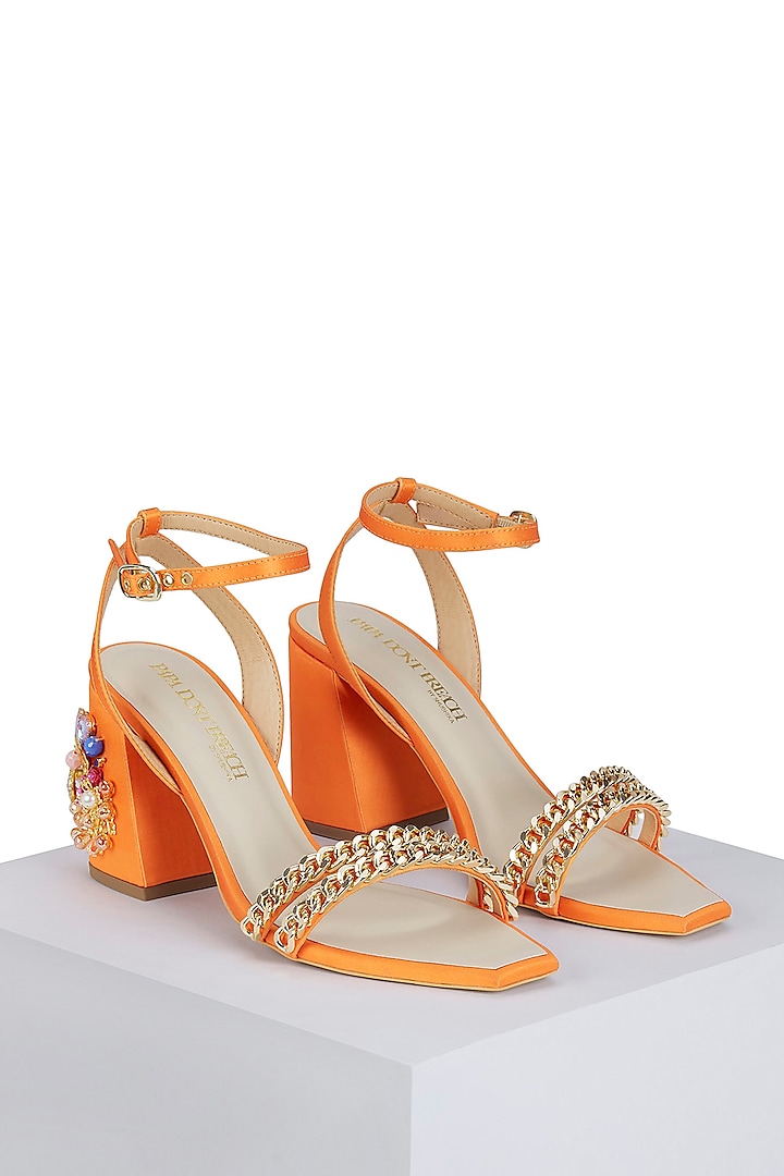 Orange Satin Embellished Block Heels by Papa Don't Preach by Shubhika Footwear