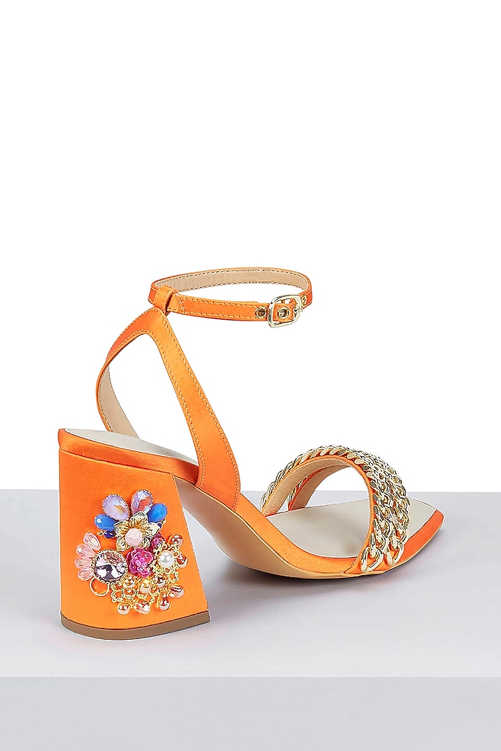 Orange Satin Embellished Block Heels by Papa Don't Preach by Shubhika Footwear at Pernia's Pop Up Shop