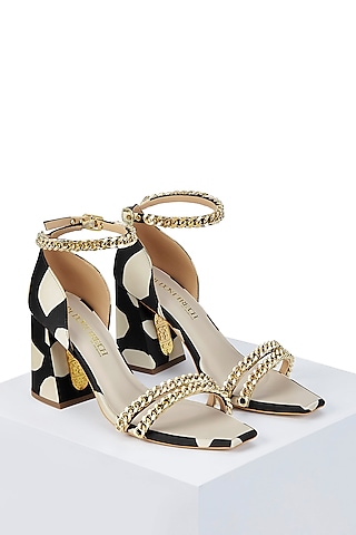 Black & White Taffeta Embellished Block Heels by Papa Don't Preach by Shubhika Footwear