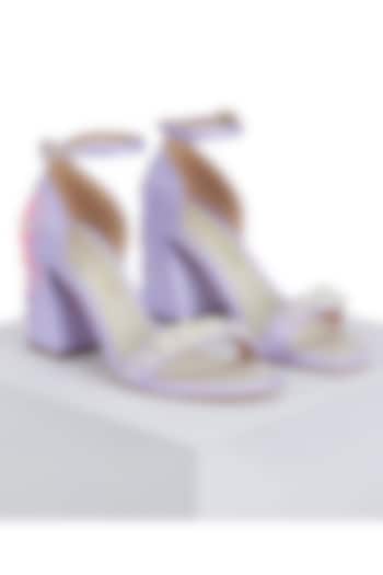 Lilac Satin Pearl Hand Embellished Block Heels by Papa Don't Preach by Shubhika Footwear at Pernia's Pop Up Shop