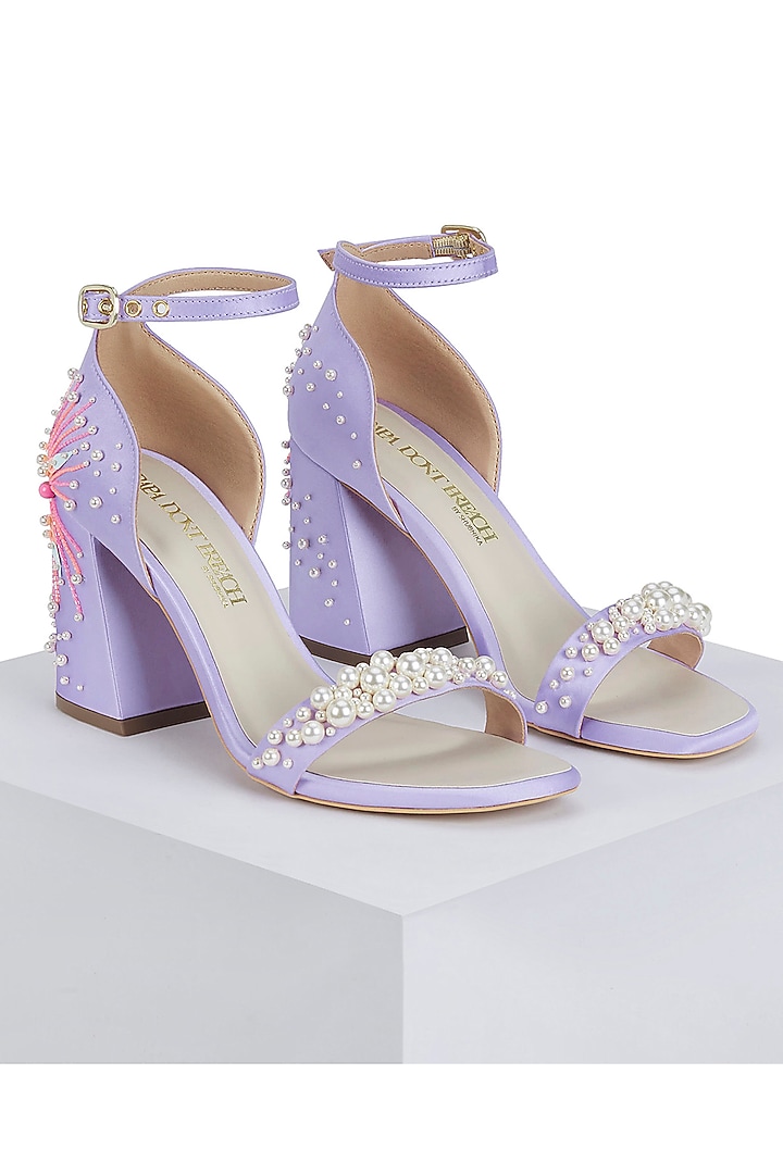 Lilac Satin Pearl Hand Embellished Block Heels by Papa Don't