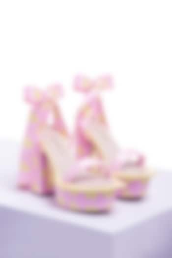 Light Pink Satin & PU Printed Block Heels by Papa Don't Preach by Shubhika Footwear