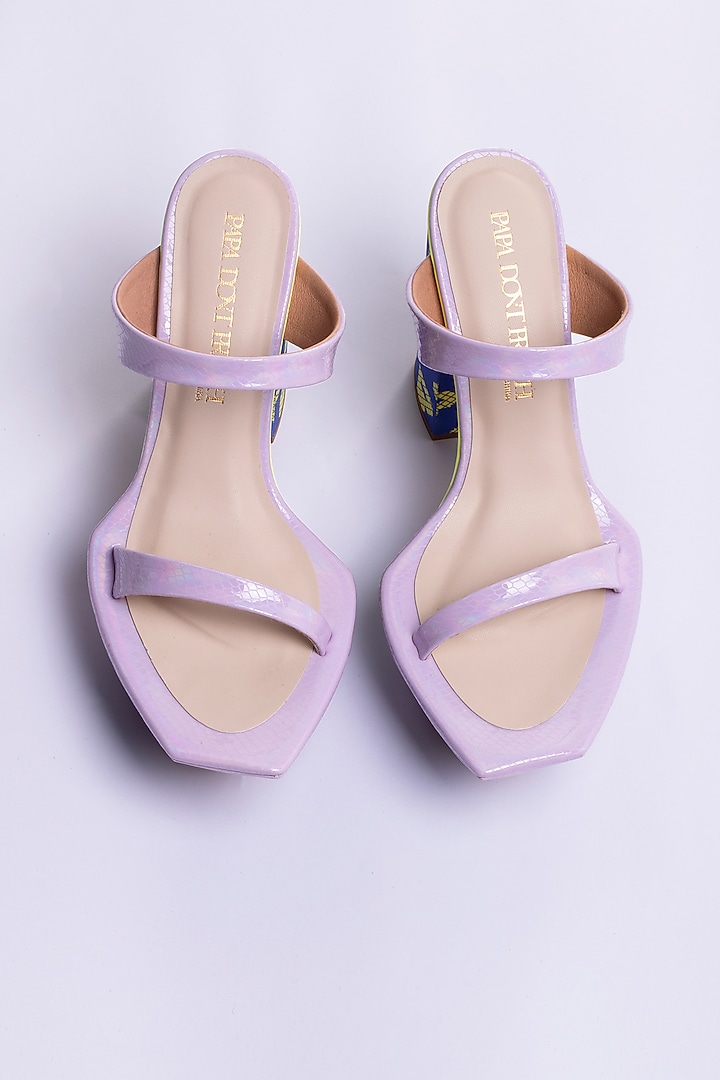 Blue Satin & PU Printed Block Heels by Papa Don't Preach by Shubhika Footwear at Pernia's Pop Up Shop