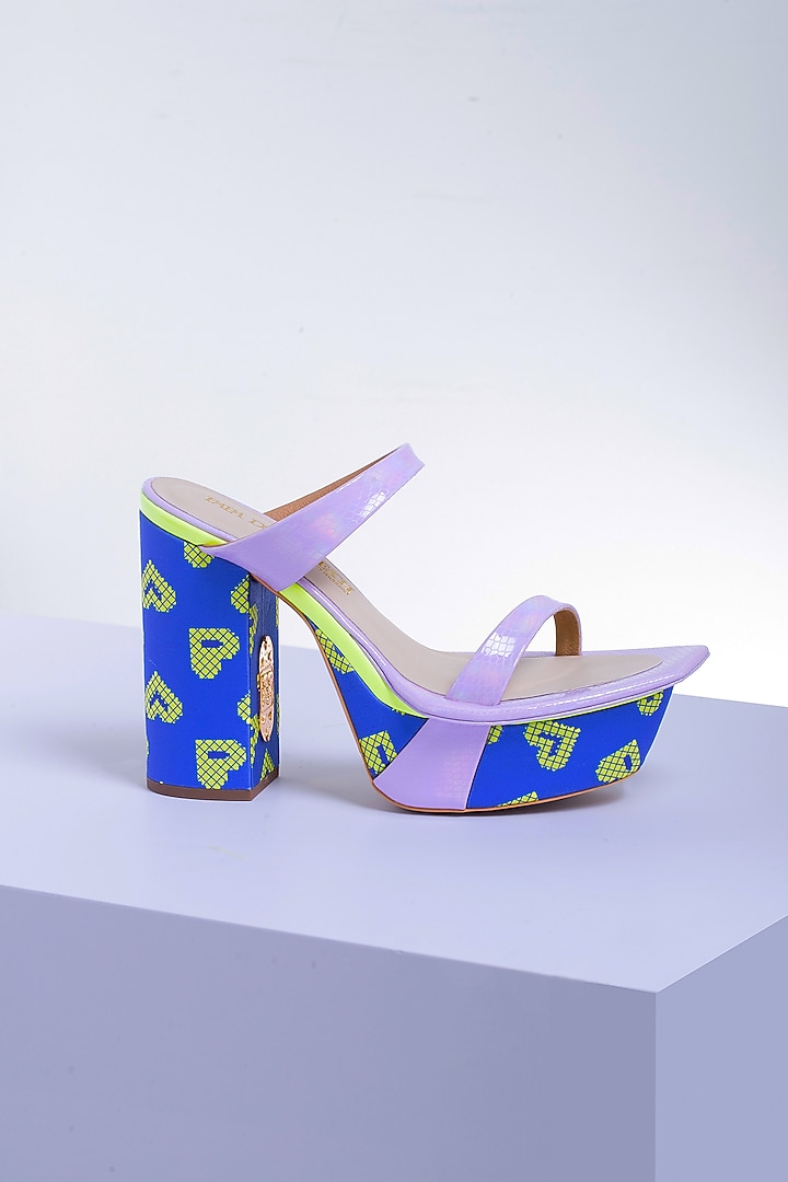 Blue Satin & PU Printed Block Heels by Papa Don't Preach by Shubhika Footwear at Pernia's Pop Up Shop