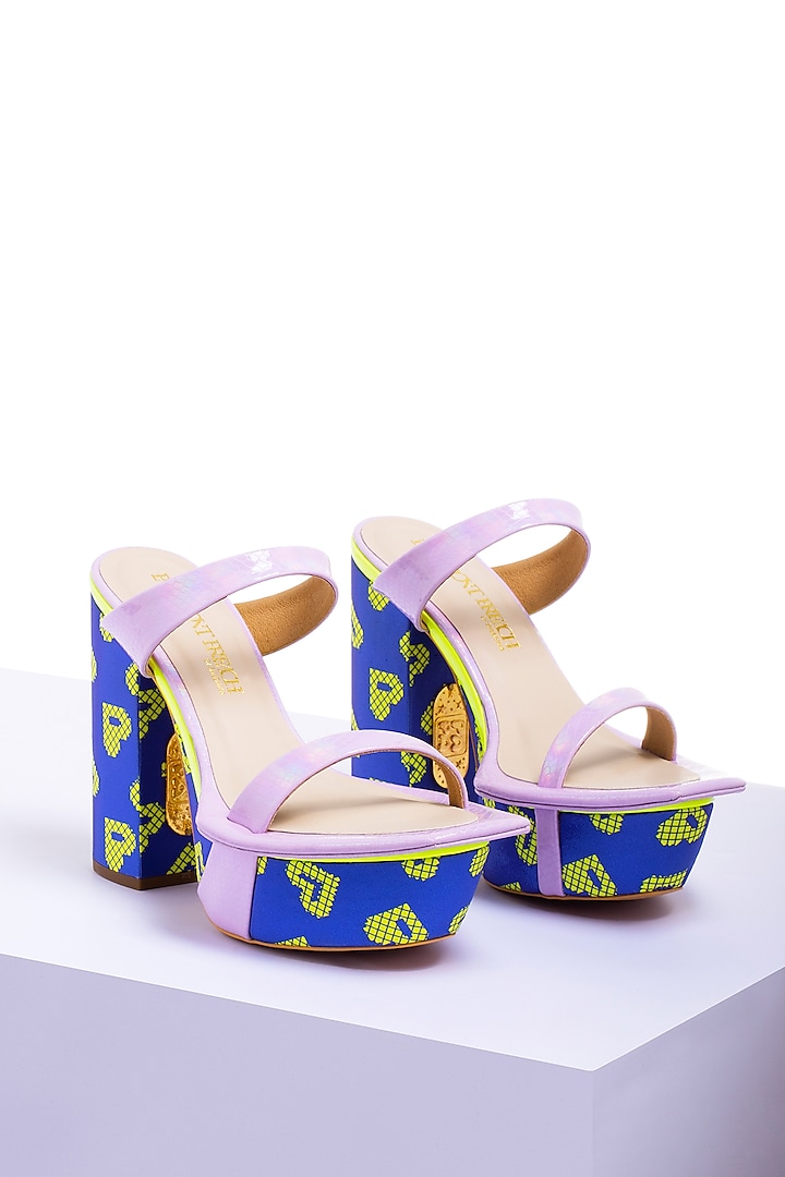 Blue Satin & PU Printed Block Heels by Papa Don't Preach by Shubhika Footwear