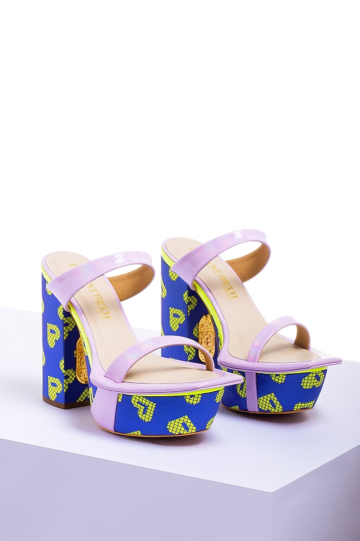 Blue Satin & PU Printed Block Heels by Papa Don't Preach by Shubhika Footwear at Pernia's Pop Up Shop