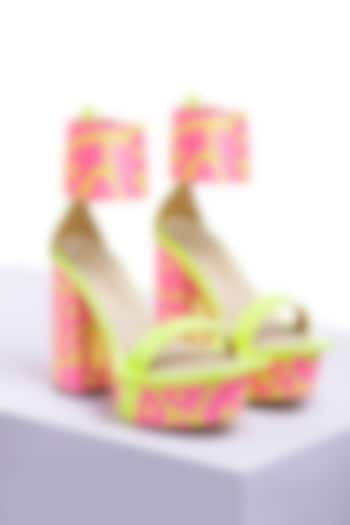 Pink Satin & PU Printed Block Heels by Papa Don't Preach by Shubhika Footwear at Pernia's Pop Up Shop
