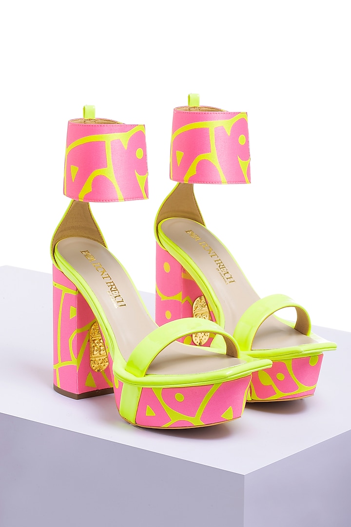 Pink Satin & PU Printed Block Heels by Papa Don't Preach by Shubhika Footwear