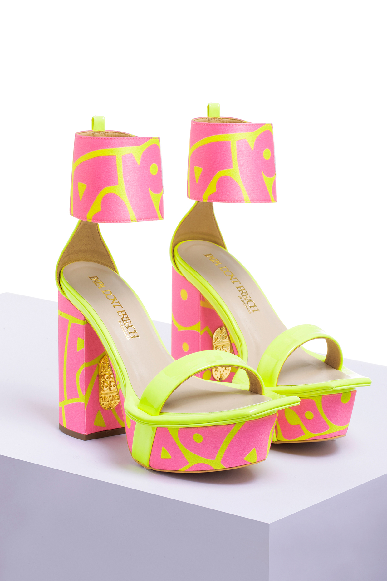 Pink Satin & PU Printed Block Heels by Papa Don't Preach by Shubhika Footwear at Pernia's Pop Up Shop