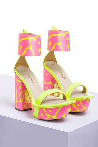 Pink Satin & PU Printed Block Heels by Papa Don't Preach by Shubhika Footwear