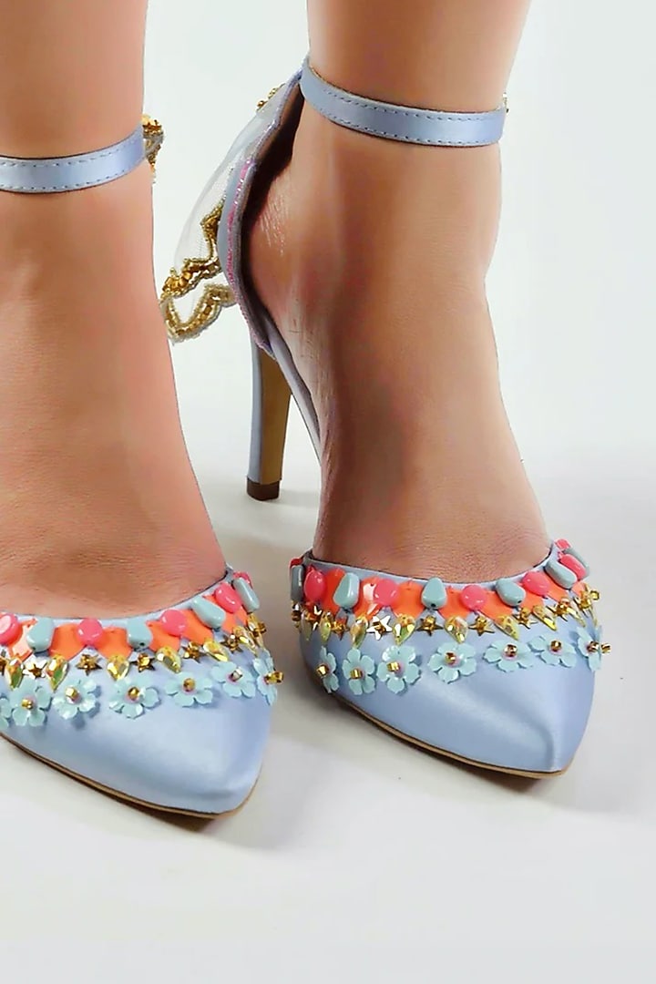 Ice Blue Satin Hand Embellished Stilettos by Papa Don't Preach by Shubhika Footwear at Pernia's Pop Up Shop