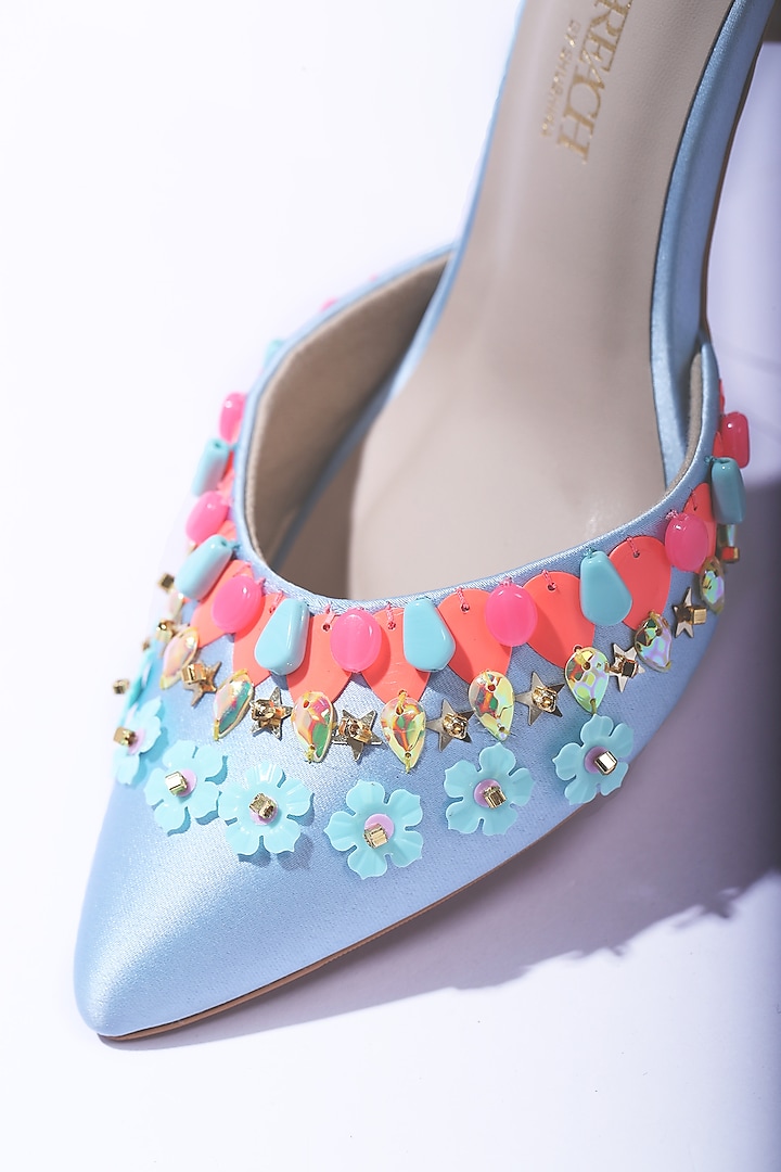 Ice Blue Satin Hand Embellished Stilettos by Papa Don't Preach by Shubhika Footwear at Pernia's Pop Up Shop
