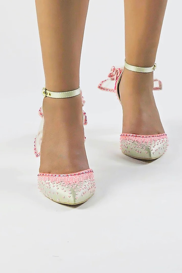 Mint Green Satin & Tulle Hand Embellished Stilettos by Papa Don't Preach by Shubhika Footwear at Pernia's Pop Up Shop