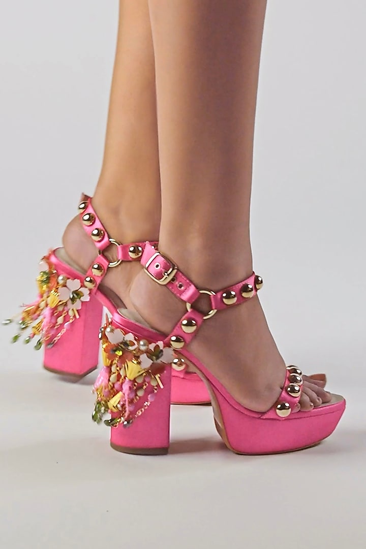 Hot Pink Satin Embroidered Block Heels by Papa Don't Preach by Shubhika Footwear at Pernia's Pop Up Shop