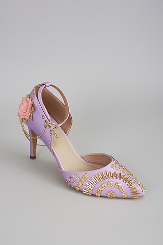Lilac Satin Metallic Handwork Stiletto Heels by Papa Don't Preach by Shubhika Footwear