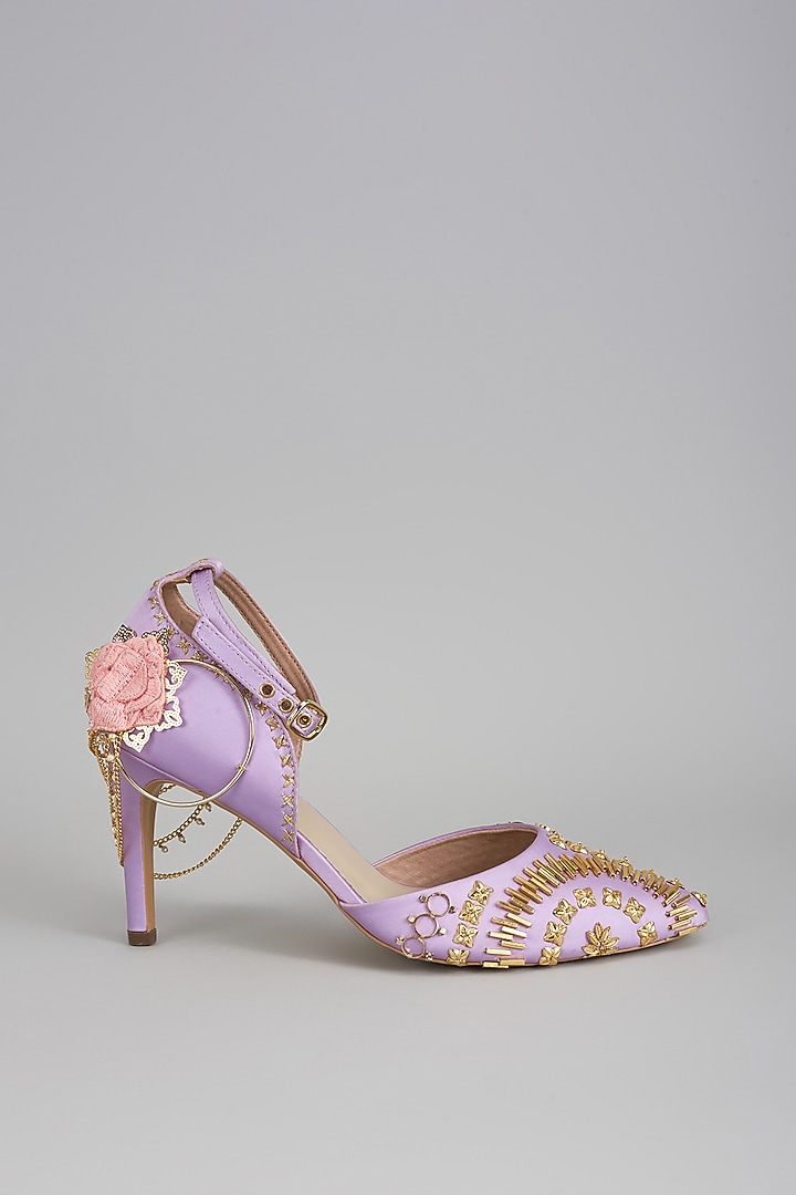 Lilac Satin Metallic Handwork Stiletto Heels by Papa Don't Preach by Shubhika Footwear at Pernia's Pop Up Shop