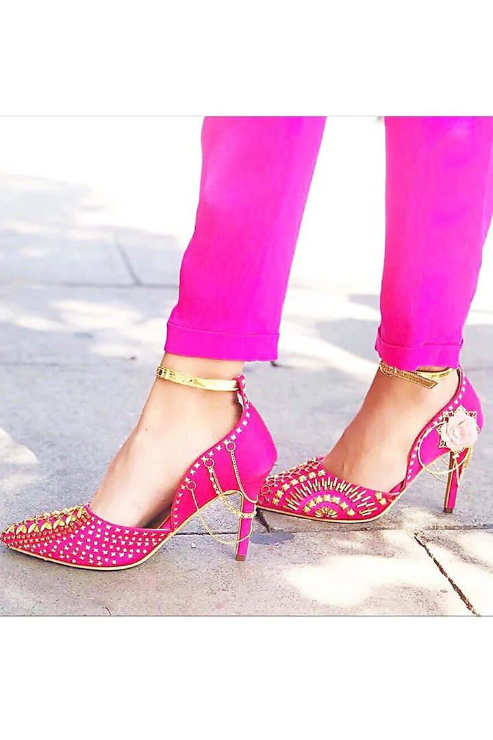 Hot Pink Satin Hand Embellished Stilettos by Papa Don't Preach by Shubhika Footwear