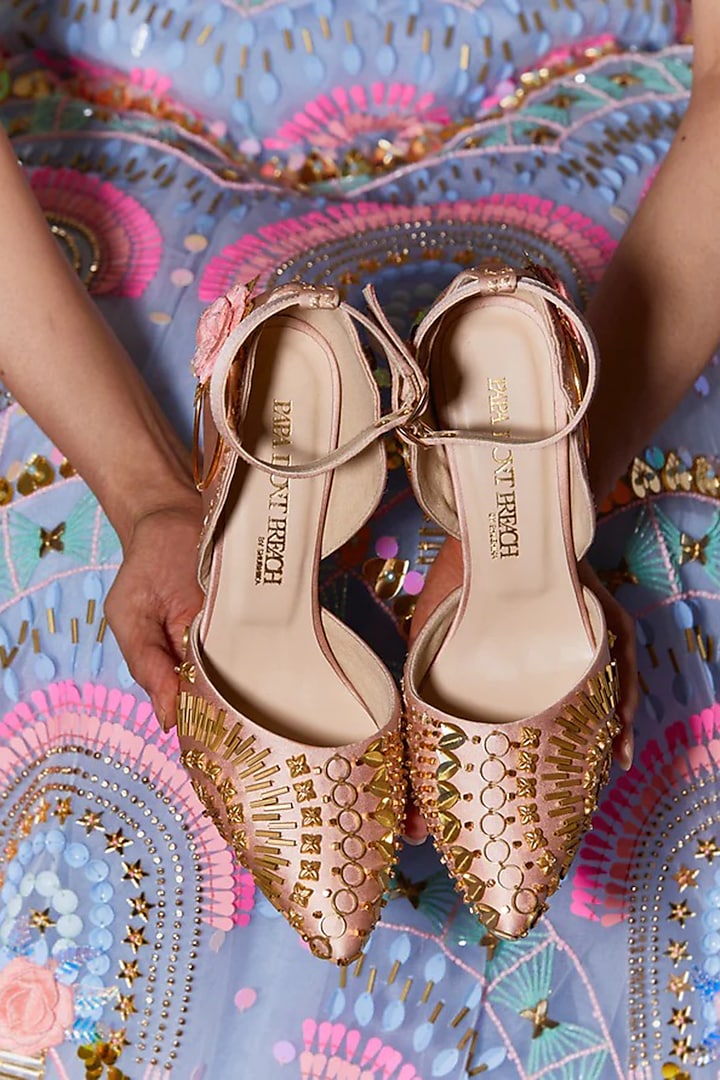 Gold Satin Hand Embellished Stilettos by Papa Don't Preach by Shubhika Footwear at Pernia's Pop Up Shop