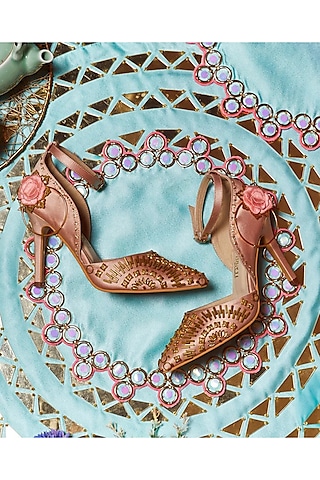 Gold Satin Hand Embellished Stilettos by Papa Don't Preach by Shubhika Footwear