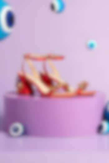 Red Artificial Satin Hand Embellished Block Heels by Papa Don't Preach by Shubhika Footwear at Pernia's Pop Up Shop