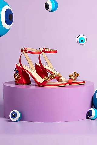 Red Artificial Satin Hand Embellished Block Heels by Papa Don't Preach by Shubhika Footwear