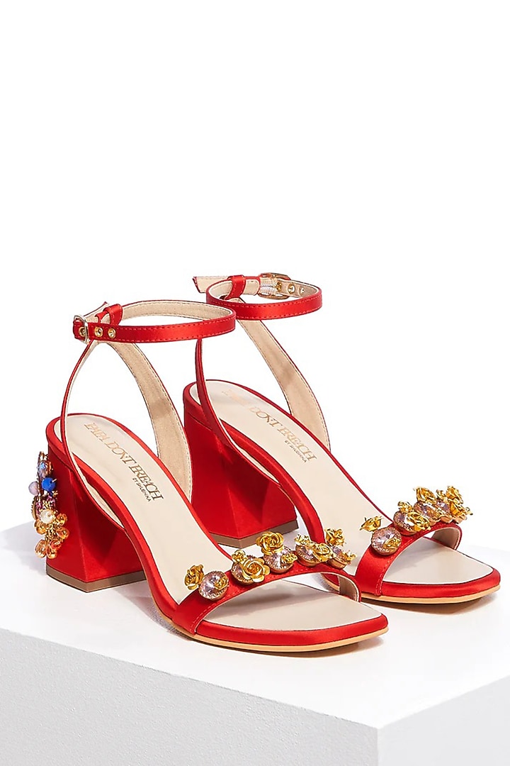 Red Artificial Satin Hand Embellished Block Heels by Papa Don't Preach by Shubhika Footwear at Pernia's Pop Up Shop