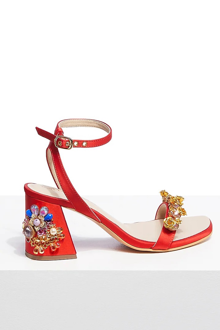 Red Artificial Satin Hand Embellished Block Heels by Papa Don't Preach by Shubhika Footwear at Pernia's Pop Up Shop