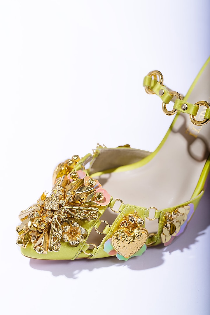 Lime Satin Hand Embellished Stilettos by Papa Don't Preach by Shubhika Footwear at Pernia's Pop Up Shop