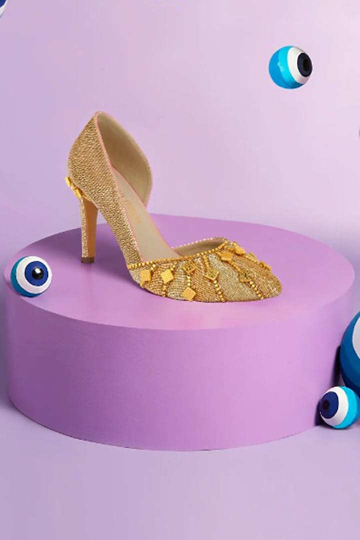 Gold Satin Hand Embroidered Stilettos by Papa Don't Preach by Shubhika Footwear at Pernia's Pop Up Shop