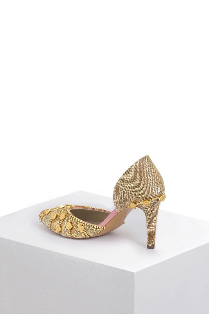 Gold Satin Hand Embroidered Stilettos by Papa Don't Preach by Shubhika Footwear at Pernia's Pop Up Shop