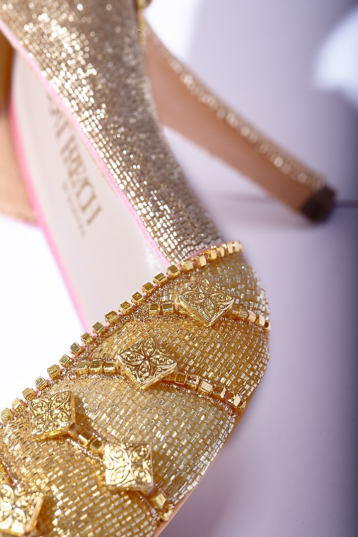 Gold Satin Hand Embroidered Stilettos by Papa Don't Preach by Shubhika Footwear at Pernia's Pop Up Shop