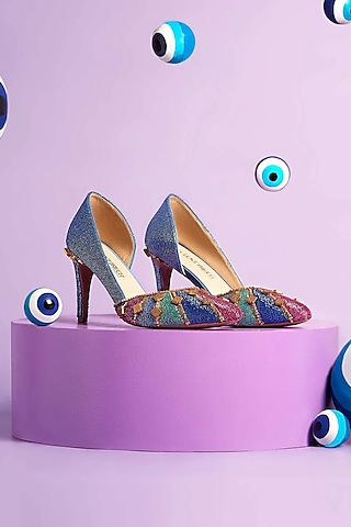 Blue Satin Hand Embroidered Stilettos by Papa Don't Preach by Shubhika Footwear